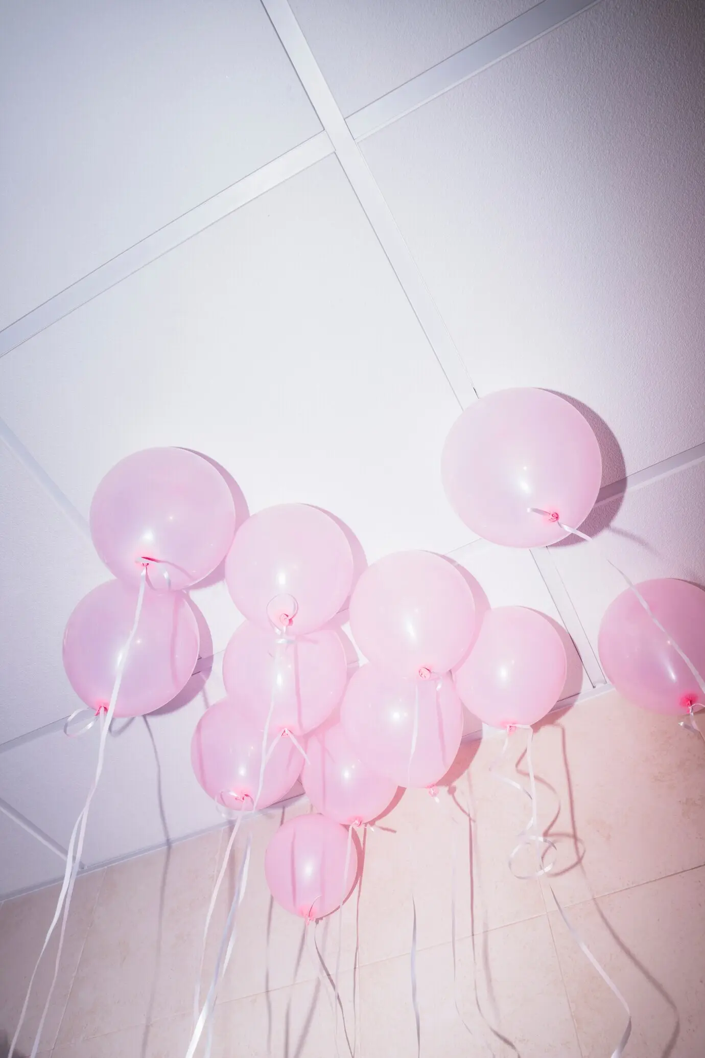 Pink balloons drifting against the ceiling at a party.